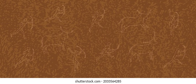 Elegant vector bright background in orange-brown tones with texture of spots and drawings in the style of Lascaux cave. Abstract background with contours of bulls and hunters with bows. Rock paintings