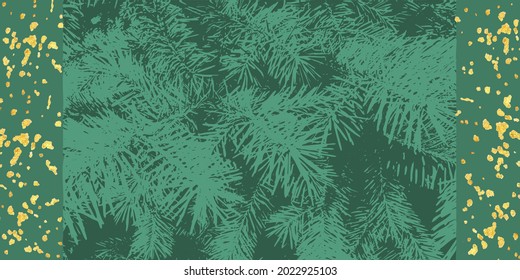 Elegante vector de fondo verde brillante con ramas de abeto y salpicaduras doradas. Fondo abstracto con ramas espinosas de plantas y salpicaduras de acuarela. Plantilla de vacaciones de Año Nuevo para su diseño