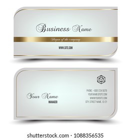 Elegant vector business card and name card,horizontal simple clean template. Vector format. Layout in rectangle size. template. Vector format. Gold and white colors.