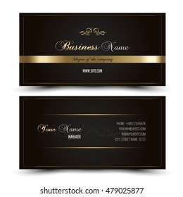 Elegant vector business card template. Vector format. Gold and dark colors.