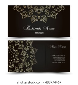 Elegant vector business card template. Vector format. Gold and dark colors.