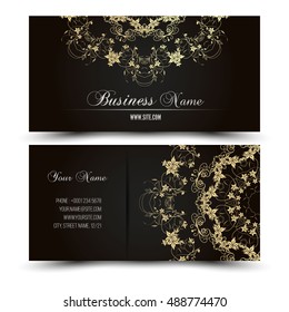 Elegant vector business card template. Vector format. Gold and dark colors.