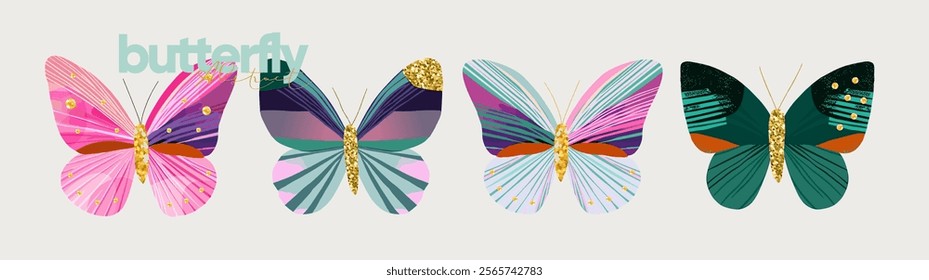 Elegant vector butterflies with intricate designs, featuring vibrant colors, gold accents, and unique patterns. Perfect for art prints, branding, and decorative projects. Icons