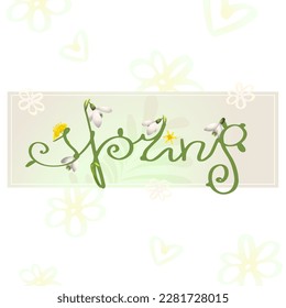 Una elegante tarjeta vectorial con las letras "Spring" y las flores nevadas. Colores claros. Estilo retro. Vintage.