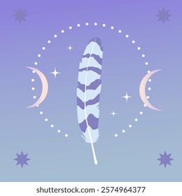 Elegant vector card, poster. Illustration of feather and celestial elements: moon, stars. Harmony, spirituality, serenity concept. Soft pastel colors: blue, purple. Dreamy mystic ethereal aesthetic