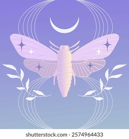 Elegant vector card, poster. Illustration of mystical moth and celestial elements: moon, stars, plant motifs. Soft pastel colors, gradients: pink, purple, and blue. Dreamy mystic ethereal aesthetic