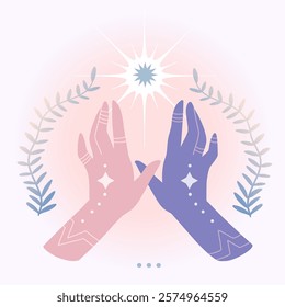 Elegant vector card, poster. Illustration of two hands, radiant starburs, decorative plant motifst. Harmony, spirituality concept. Soft pastel colors: pink, purple. Dreamy mystic ethereal aesthetic