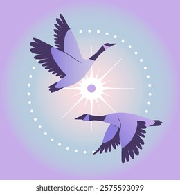 Elegant vector card, poster. Illustration of two flying birds and glowing sun. Harmony, spirituality, wildlife, nature concept. Soft pastel colors: blue, purple. Dreamy mystic ethereal aesthetic