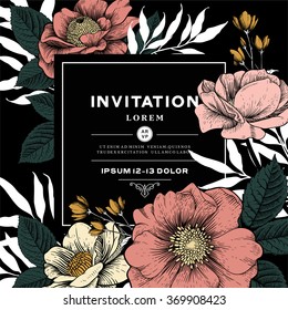 Elegant Vector Card with Vintage Victorian Graphic Floral Composition. Blank for Valentine's Greeting Postcard, Wedding Invitation or Any Design.