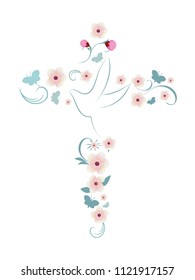 Elegant vector Christian cross isolated with dove pink flowers and butterflies