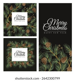 Elegant vector Christmas card templates featuring realistic pine branches and cones 