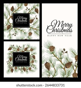 Elegant vector Christmas card templates featuring realistic pine branches and cones 