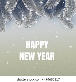Elegant vector christmas illustation background with fir-tree branches. Merry christmass poster. Happy New Year banner with white snowflakes.  Silver and soft colors. Vector illustration. EPS 10