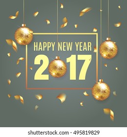 Elegant vector christmas illustation background with fir-tree branches. Happy New Year banner with golden confetti and shining lights.  Rich , VIP , luxury Gold and black colors. Vector illustration
