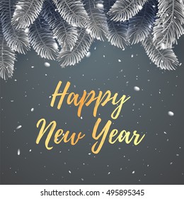 Elegant vector christmas illustation background with fir-tree branches. Merry christmass poster. Happy New Year banner with white snowflakes.  Silver and dark, gold colors. Vector illustration. EPS 10