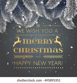 Elegant vector christmas illustation background with fir-tree branches. Merry christmass poster. Happy New Year banner with white snowflakes.  Silver and dark, gold colors. Vector illustration. EPS 10