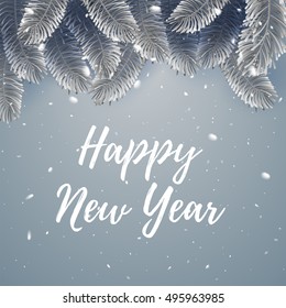 Elegant vector christmas illustation background with fir-tree branches. Merry christmass poster. Happy New Year banner with white snowflakes.  Silver and soft colors. Vector illustration. EPS 10