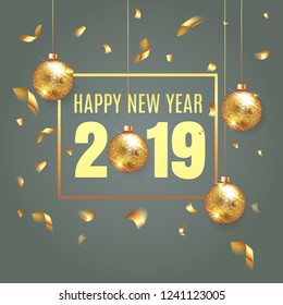 Elegant vector Christmas illustration background with fir-tree branches. Happy New Year 2019 banner with golden confetti and shining lights.  Rich, VIP, luxury colors. Vector stock illustration