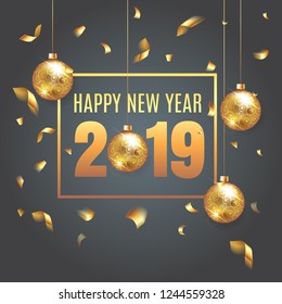 Elegant vector Christmas illustration background with Christmas ornaments. Happy New Year 2019 banner with golden confetti and shining lights.  Rich, VIP, luxury colors. Vector illustration