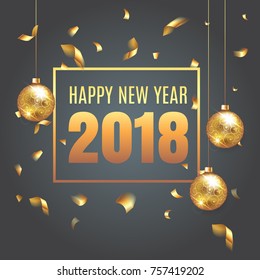 Elegant vector Christmas illustration background with fir-tree branches. Happy New Year 2018 banner with golden confetti and shining lights.  Rich, VIP, luxury colors. Vector illustration