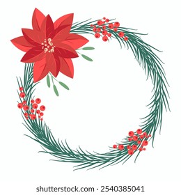 Elegant vector Christmas wreath with festive pine branches, poinsettia flower, holly berries, and mistletoe leaves. Festive winter decor for holiday cards, invitations, and seasonal designs