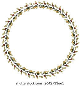 Elegant vector circular frame with autumnal leaves and berries, perfect for fall-themed designs.