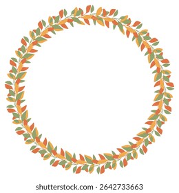 Elegant vector circular frame design featuring stylized autumn leaves in muted orange, green, and yellow hues, perfect for fall-themed invitations or branding.