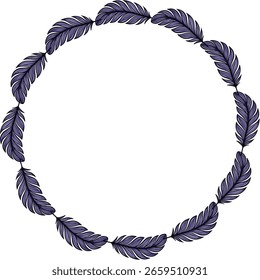 Elegant vector circular frame design featuring a series of detailed, dark purple stylized feathers, creating a sophisticated and minimalist border perfect for invitations or branding.
