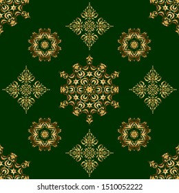 Elegant vector classic seamless pattern. Seamless abstract ornament in golden and green colors with repeating elements.