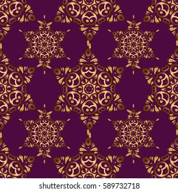 Elegant vector classic seamless pattern. Seamless abstract ornament on purple background with repeating elements. Purple and golden pattern.