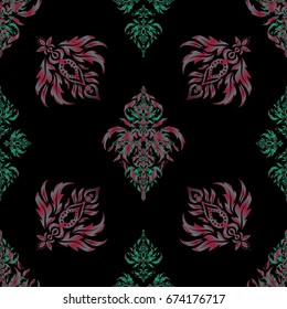 Elegant vector classic seamless pattern. Seamless abstract texture with red and green repeating elements over a black backdrop.