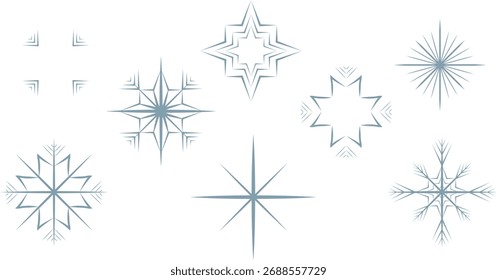 Elegante conjunto de arte de Clip de Vector con una colección de copos de nieve minimalistas, estrellas geométricas y Elementos de diseño helados de invierno en un sofisticado azul polvoriento, ideal para diseños de temporada de invierno.