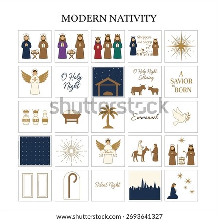 An elegant vector clipart bundle for a "Modern Nativity" theme, offering a contemporary, artistic, and respectful interpretation of the timeless Christmas story.