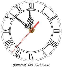 Elegant vector clock face with roman numerals, figured hands and red second hand isolated on white