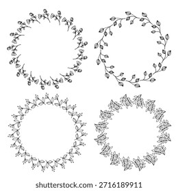 Elegante colección de Vector de cuatro coronas botánicas únicas dibujadas a mano o bordes circulares en arte de línea negra.