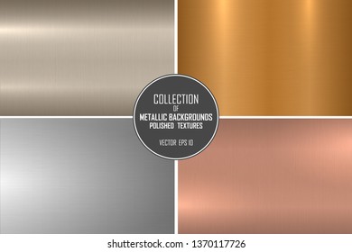 Elegant vector collection of polished metallic smooth textures. Color gradient iron backgrounds. Shiny brushed design.