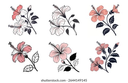 Elegante coleção de vetor de seis flores de hibisco na paleta de cores rosa e branco