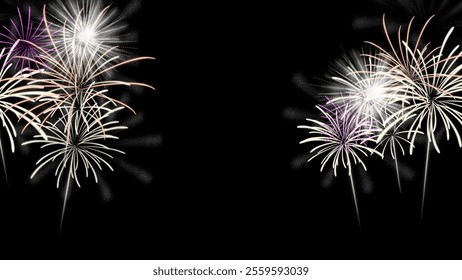 Elegant vector of colorful fireworks display on a black background. Perfect for New Year, holiday celebrations, festive events, and party themes.