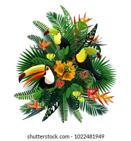 elegant vector composition of tropical leaves, flowers and toucans for printing on T-shirts, design of tropical travel, vacation