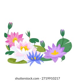 Elegant vector composition of water lily flowers and lush green leaves isolated on a white background. Botanical design perfect for spa, zen, floral, and nature-inspired projects