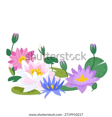 Elegant vector composition of water lily flowers and lush green leaves isolated on a white background. Botanical design perfect for spa, zen, floral, and nature-inspired projects