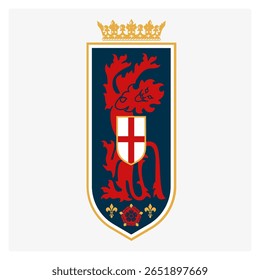 Elegant vector crest with red rampant lion, English cross shield, crown, and fleur-de-lis details. Perfect for luxury fashion, vintage soccer graphics, and royal-inspired sportswear.