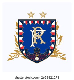 Elegante crista vetorial com escudo azul real, monograma dourado FR, símbolos heráldicos franceses, folhas de louro e elementos de esportes vintage. Perfeito para marcas de luxo ou impressões de moda