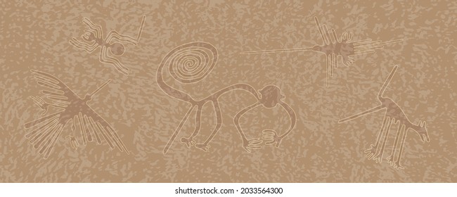 Elegant vector delicate background in beige tones with a texture of spots and drawings in the style of the Nazka lines plateau. Abstract background with animal contours: monkey, calibri, spider, dog. 