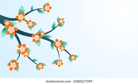 Elegant vector design features a flowing branch embellished with cheerful orange flowers and lush green leaves.Perfect for celebrating spring, this illustration embodies the beauty and freshness.