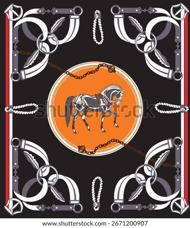 Elegant vector design featuring a horse illustration in the center, surrounded by decorative chains, belts, and equestrian-inspired elements. Perfect for scarf patterns, textile prints, wallpapers, 
