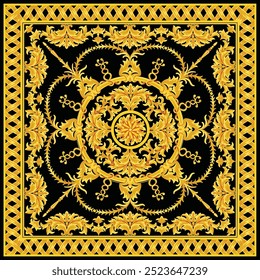 An elegant vector design featuring intricate baroque patterns in gold on a black background. Perfect for luxurious rugs, wallpaper, wedding decor, or carpets, offering a classic design.