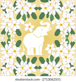 Elegant vector design featuring a white elephant surrounded by blooming white flowers and green leaves on a warm golden background, perfect for textiles, wallpapers, and print decoration.