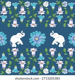 Elegant vector design featuring a white elephant surrounded by blooming white flowers and green leaves on a navy blue background, perfect for textiles, wallpapers, and print decoration.