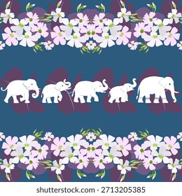 Elegantes Vektordesign mit einem weißen Elefanten, umgeben von blühenden weißen Blumen und grünen Blättern auf marineblauem Hintergrund, perfekt für Textilien, Tapeten und Druckdekoration.